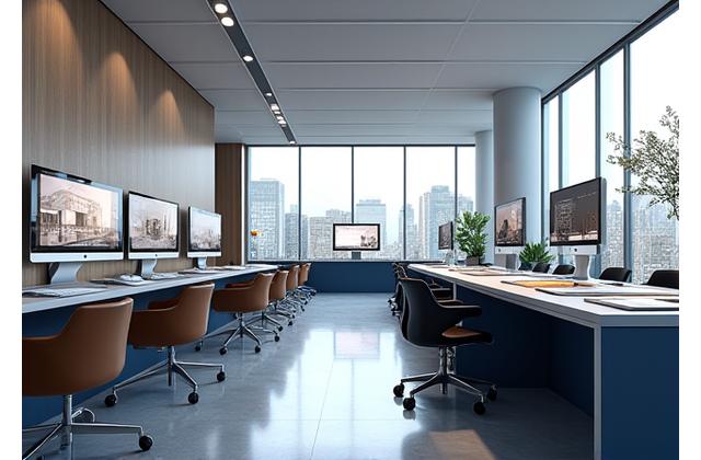 Intérieur lumineux des bureaux de Pulsaralythron77 avec des échantillons de matériaux et des dessins architecturaux