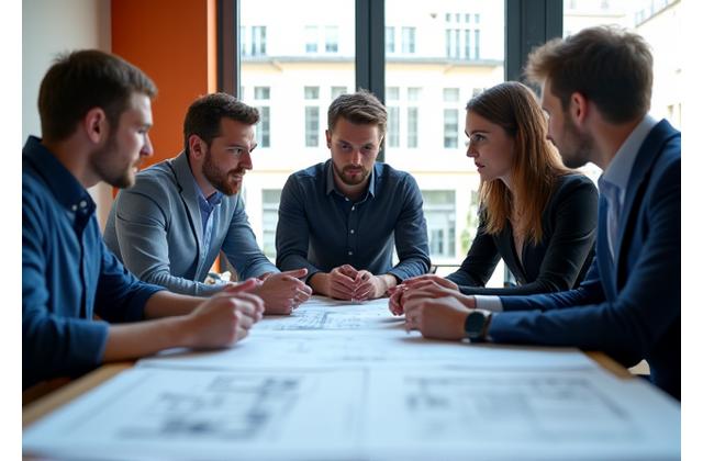 Équipe de Pulsaralythron77 en discussion animée autour de plans architecturaux