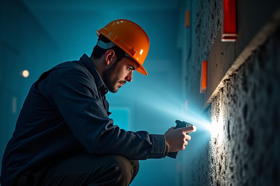 Ouvrier du bâtiment avec casque et lampe frontale examinant une zone sombre et endommagée, symbolisant l'intervention d'urgence.