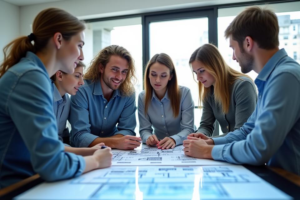 Une équipe d'architectes et de designers discutant autour d'un grand écran interactif dans un bureau moderne, symbolisant la collaboration et le processus après contact.