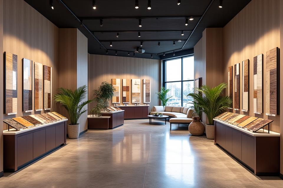 Intérieur moderne et design du showroom de Pulsaralythron77 à Paris, présentant des échantillons de matériaux et des maquettes de projets.
