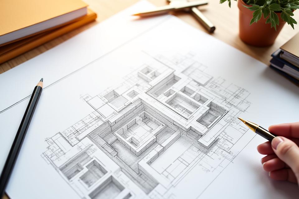 Dessin d'architecte et outils de conception sur une table, symbolisant la planification détaillée et la personnalisation des projets.