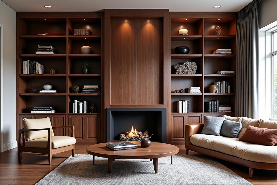Bibliothèque sur mesure en bois noble intégrant une cheminée et des niches décoratives