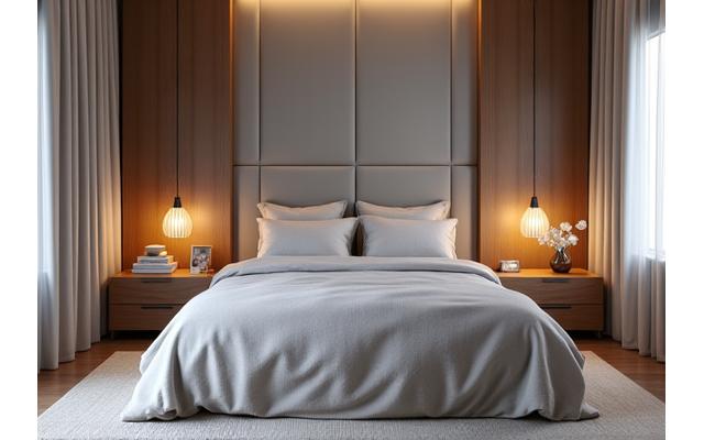 Chambre à coucher apaisante avec tons neutres, textiles doux et dressing intégré