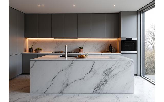 Cuisine moderne avec îlot central en marbre et appareils intégrés