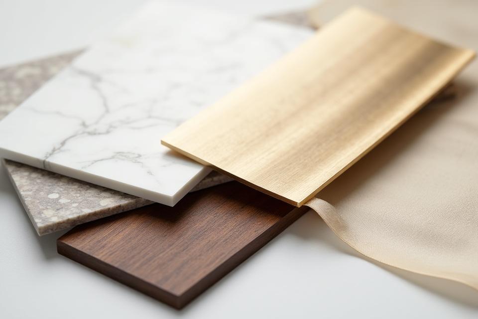 Échantillons de marbre, de bois noble et de laiton brossé posés élégamment