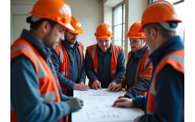 Un groupe d'artisans qualifiés en réunion de chantier, symbolisant le réseau d'experts de Pulsaralythron77 et la coordination des équipes multi-corps d'état.
