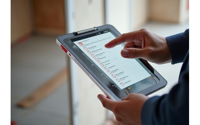 Un technicien inspectant un detail de construction avec une tablette affichant une check-list de contrôle qualité, symbolisant les standards d'excellence de Pulsaralythron77.