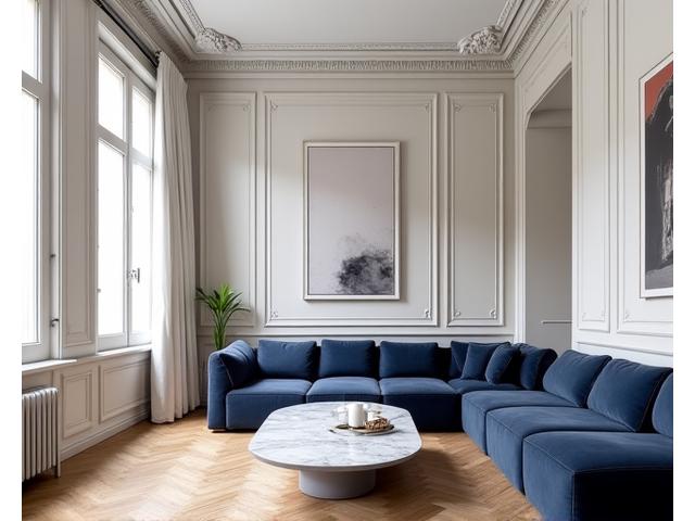 Salon lumineux d'un appartement parisien rénové avec canapé moderne et cheminée d'époque.