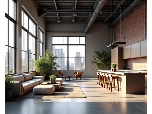Intérieur de loft industriel moderne avec poutres métalliques apparentes et grande verrière.
