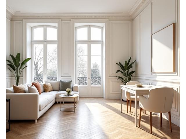 Appartement haussmannien rénové par Pulsaralythron77: lumineux, murs blancs, parquet brillant, moulures restaurées