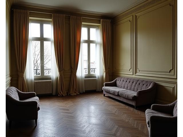 Appartement haussmannien ancien avant rénovation: sombre, murs abîmés, parquet terni