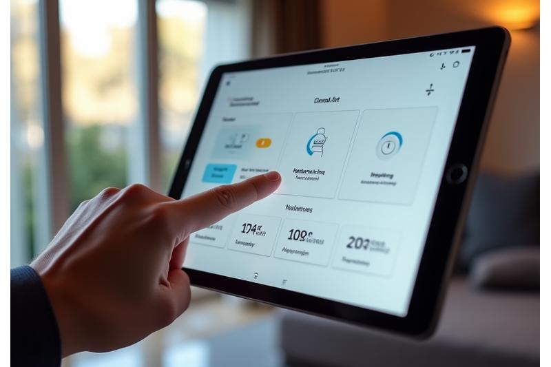 Tablette affichant un tableau de bord de contrôle domotique avec des icônes pour l'éclairage et la température