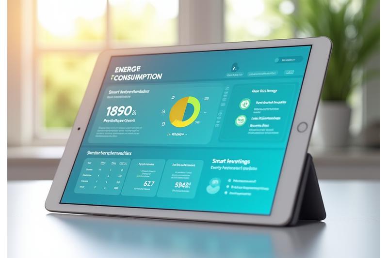 Graphique de consommation d'énergie sur un écran de tablette avec une icône de feuille