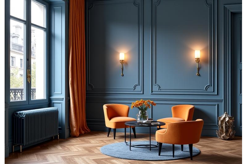 Salon parisien élégant avec des éléments de domotique discrètement intégrés
