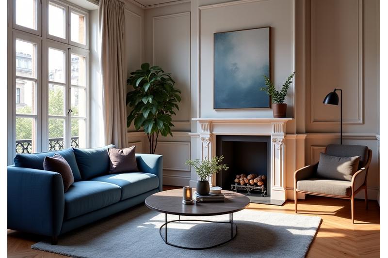 Intérieur de maison parisienne moderne avec écran tactile central contrôlant la domotique