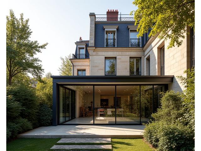 Extension moderne en verre et acier, intégrée harmonieusement à l'arrière d'une maison parisienne classique, éclairée par le soleil de fin de journée, symbolisant l'agrandissement et l'innovation.