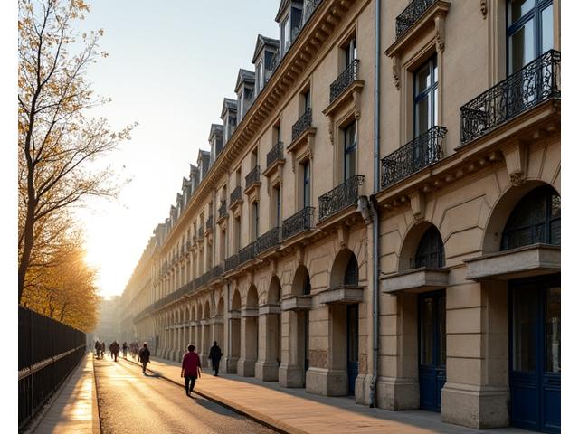 Façade d'un hôtel particulier parisien ancien, restaurée avec soin, montrant l'alliance de l'élégance historique et d'innovations discrètes. Lumière du matin avec une touche dorée.
