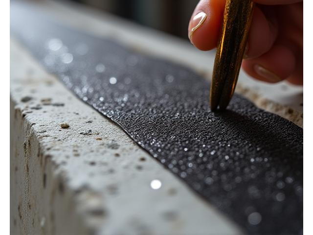 Vue rapprochée de fibres de carbone appliquées sur une poutre en béton pour un renforcement structurel, illustrant des techniques innovantes de construction.