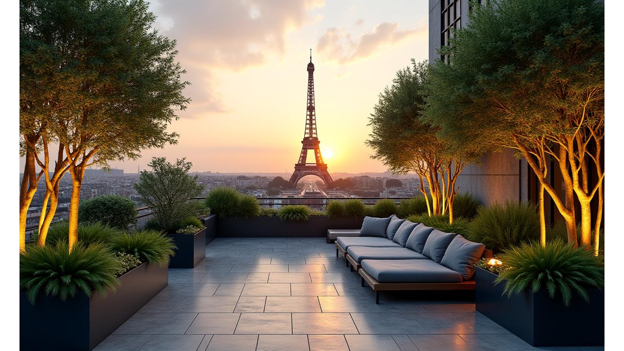 Jardin luxuriant sur un toit parisien avec la Tour Eiffel en arrière-plan au lever du soleil.