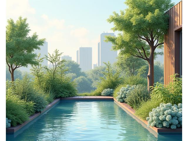 Illustration d'un écosystème de jardin urbain avec un système de récupération d'eau de pluie, des plantes succulentes et un hôtel à insectes, symbolisant l'écologie.