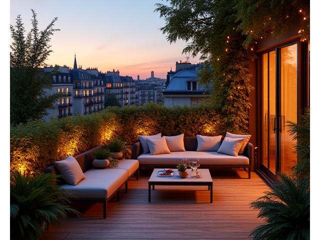 Terrasse d'appartement parisien élégamment aménagée avec des plantes en pot, un coin salon et une vue sur les toits de Paris au crépuscule.
