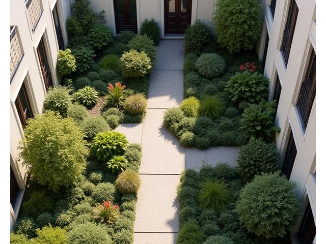 Vue aérienne d'un jardin sur un toit parisien, avec des parterres de fleurs et des zones de repos, démontrant une intégration paysagère réussie.