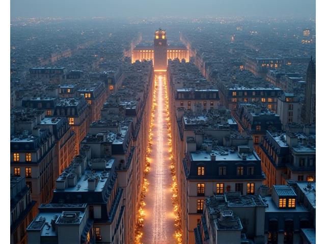 Vue aérienne stylisée de Paris avec des réseaux complexes symbolisant les réglementations urbanistiques et un chemin clair vers un bâtiment moderne illuminé, représentant la simplicité grâce à Pulsaralythron77.