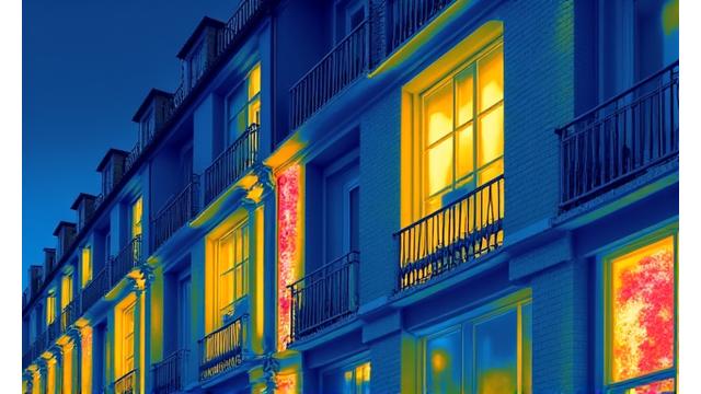 Thermographie infrarouge d'une façade de bâtiment montrant les zones de déperdition de chaleur