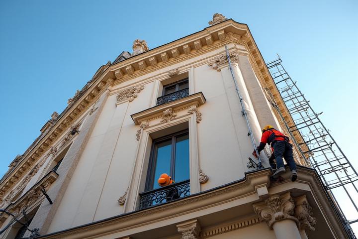 Ouvriers installant une isolation par l'extérieur sur un immeuble haussmannien à Paris