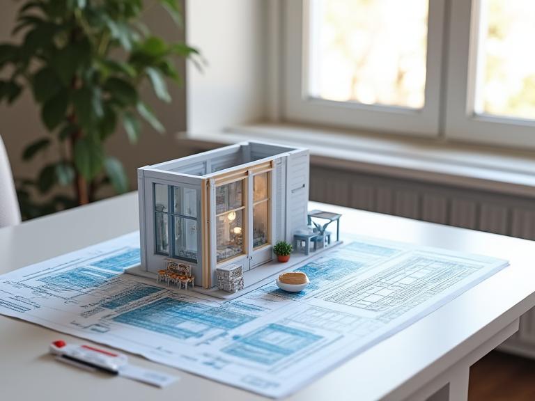 Rendu 3D d'un intérieur d'appartement parisien moderne avec vue sur la ville.