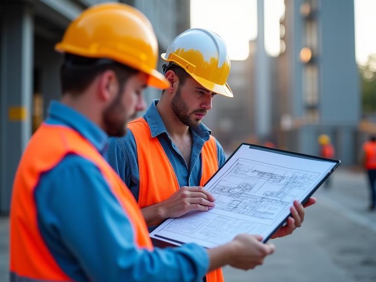 Équipe de construction consultant des plans sur un chantier, illustrant la gestion de projet.