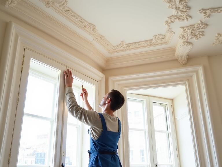 Travailleurs qui rénovent un plafond orné dans un appartement haussmannien de Paris.
