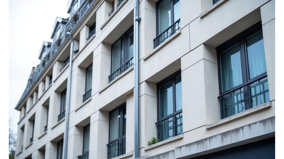 Façade parisienne classique avec des restaurations modernes utilisant des matériaux adaptés au climat urbain.