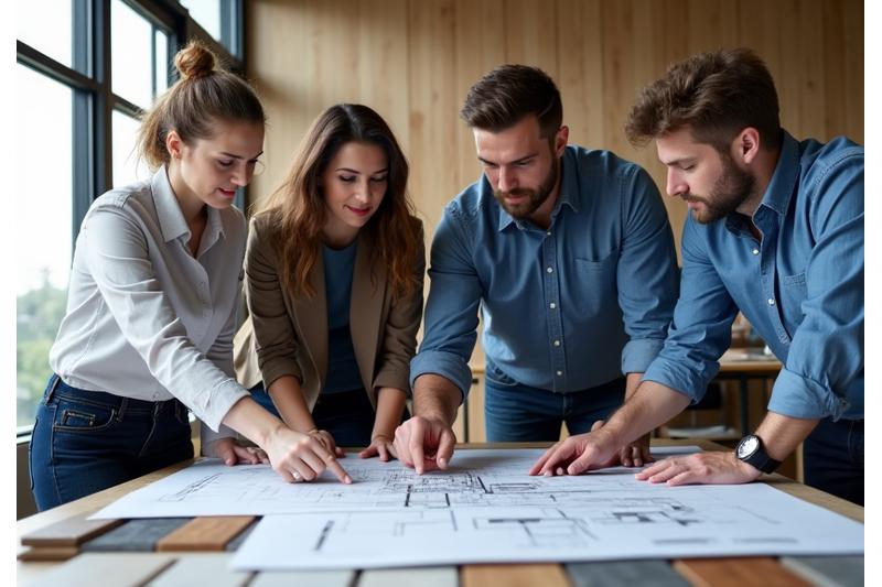 Une équipe de professionnels, architectes et fournisseurs, collaborant autour de plans et échantillons de matériaux, illustrant le réseau de Pulsaralythron77.